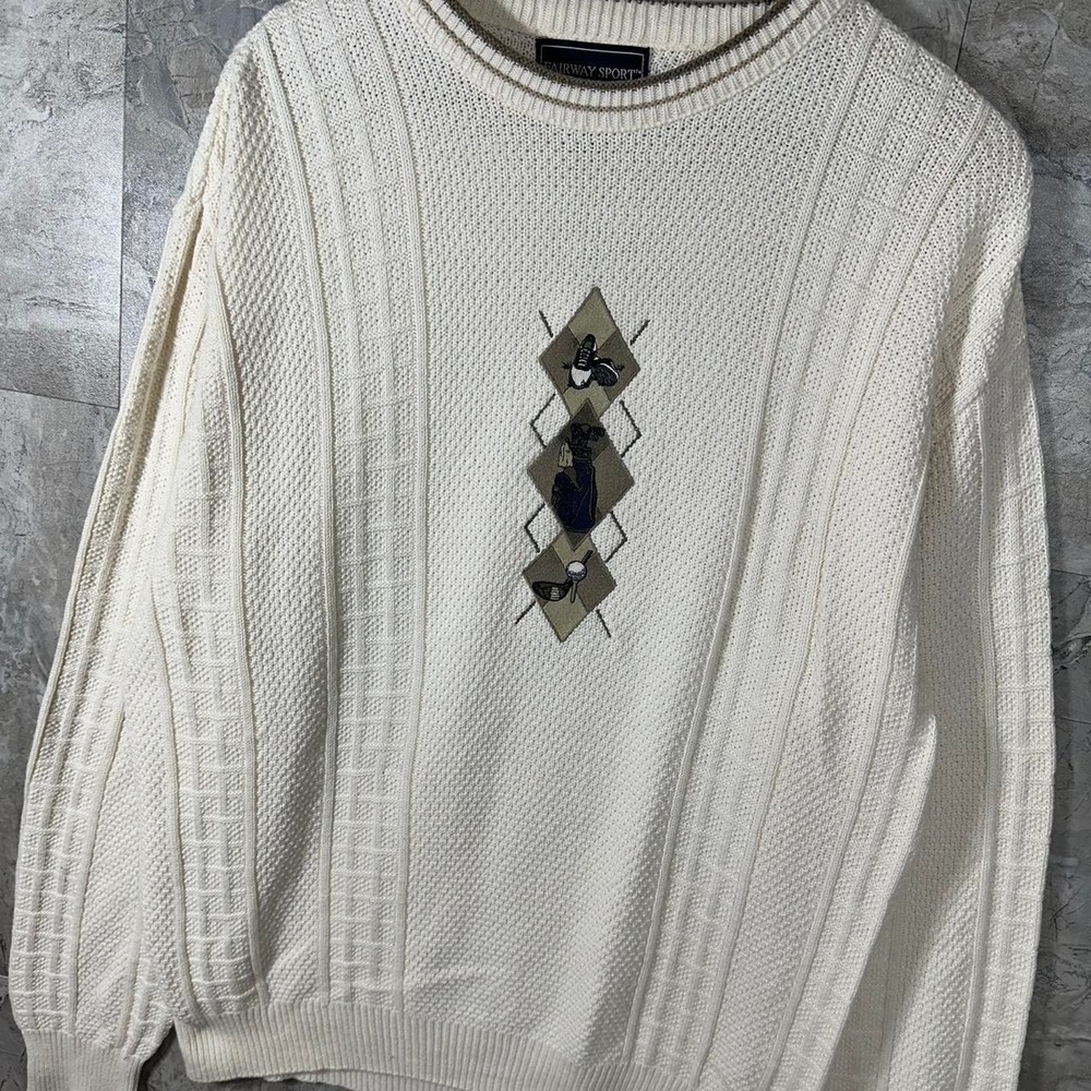 VTG Textured Cotton Golf Embroidered Sweater Ivory Chunky Knit Cotton Adult M - Picture 2 of 7